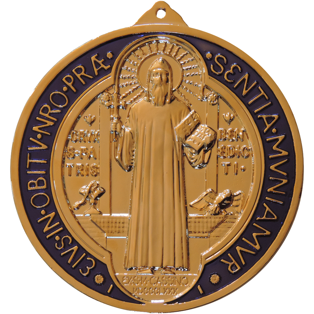 6 in. St. Benedict Wall Medal in gilded gold with blue enamel