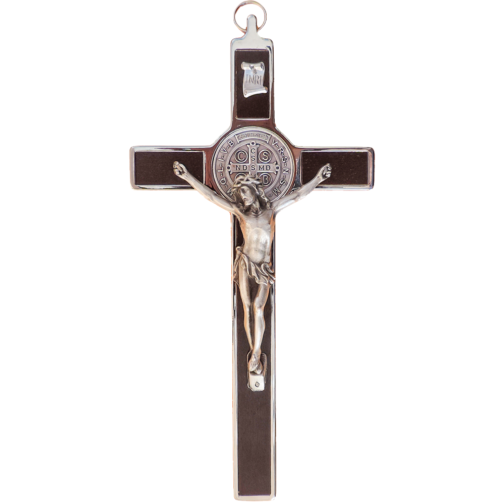 8 in. St. Benedict Crucifix, Chrome with Dark Wood Veneer