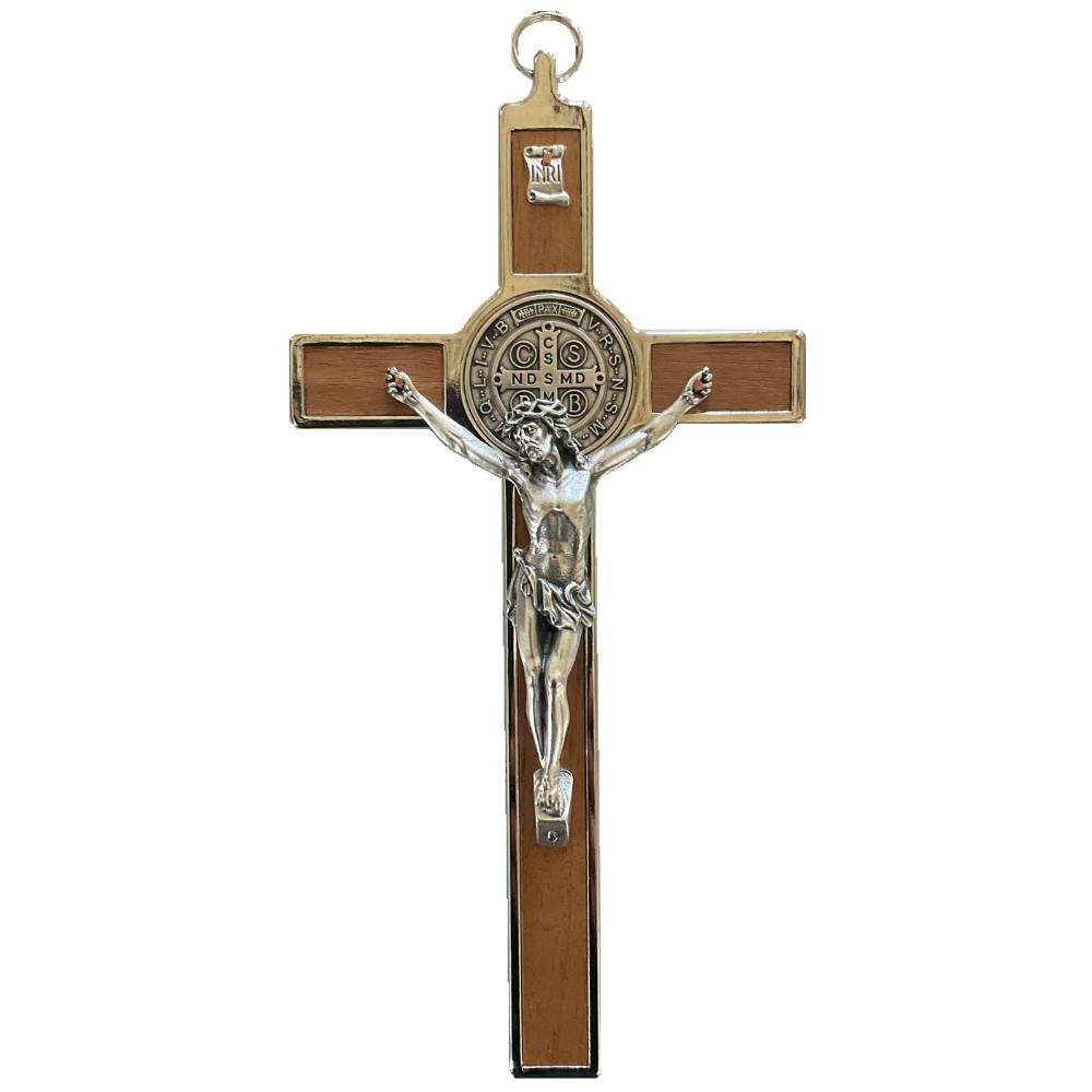 8 in. St. Benedict Crucifix, Chrome with Natural Wood Veneer