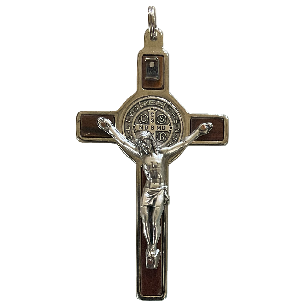 3 in. St. Benedict Crucifix, Chrome with Rosewood Veneer