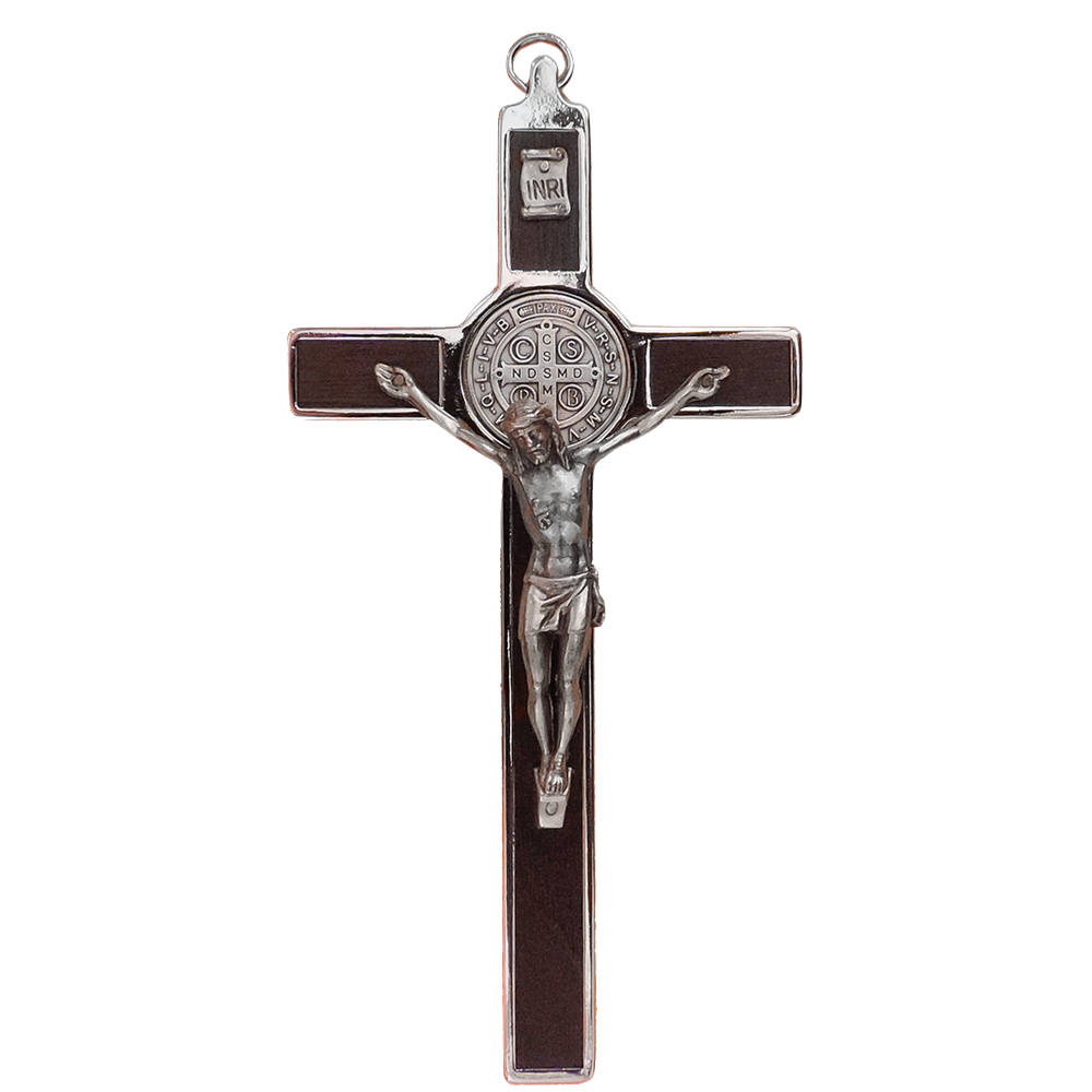 6 in. St. Benedict Crucifix, Chrome with Wood Veneer