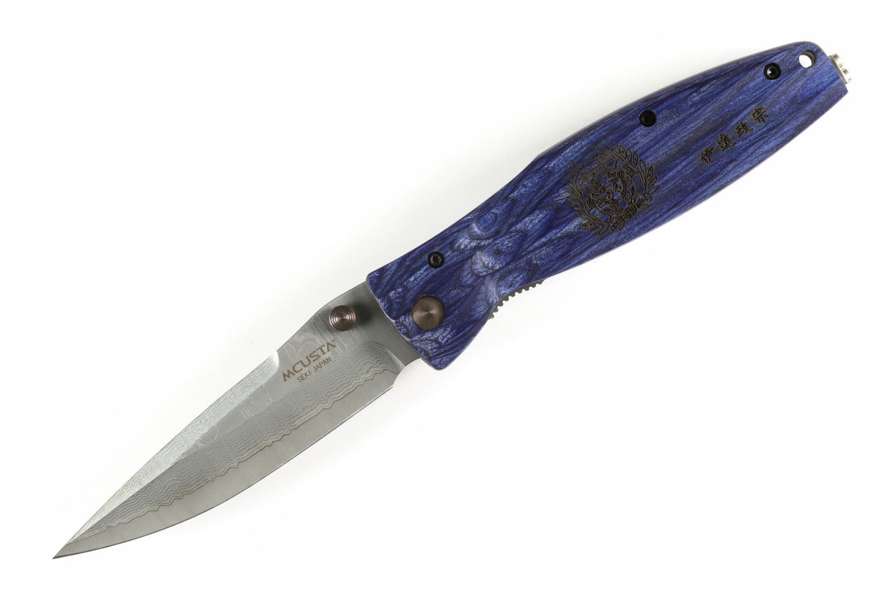 MC-186D Sengoku Date Masamune Samurai VG-10 Core Damascus Blue Pakkawood 4.75" Folding Pocket Knife